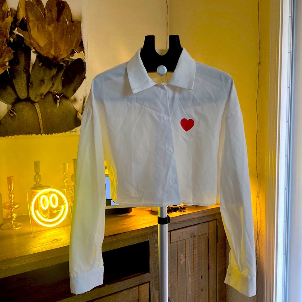 White cropped button up with red heart